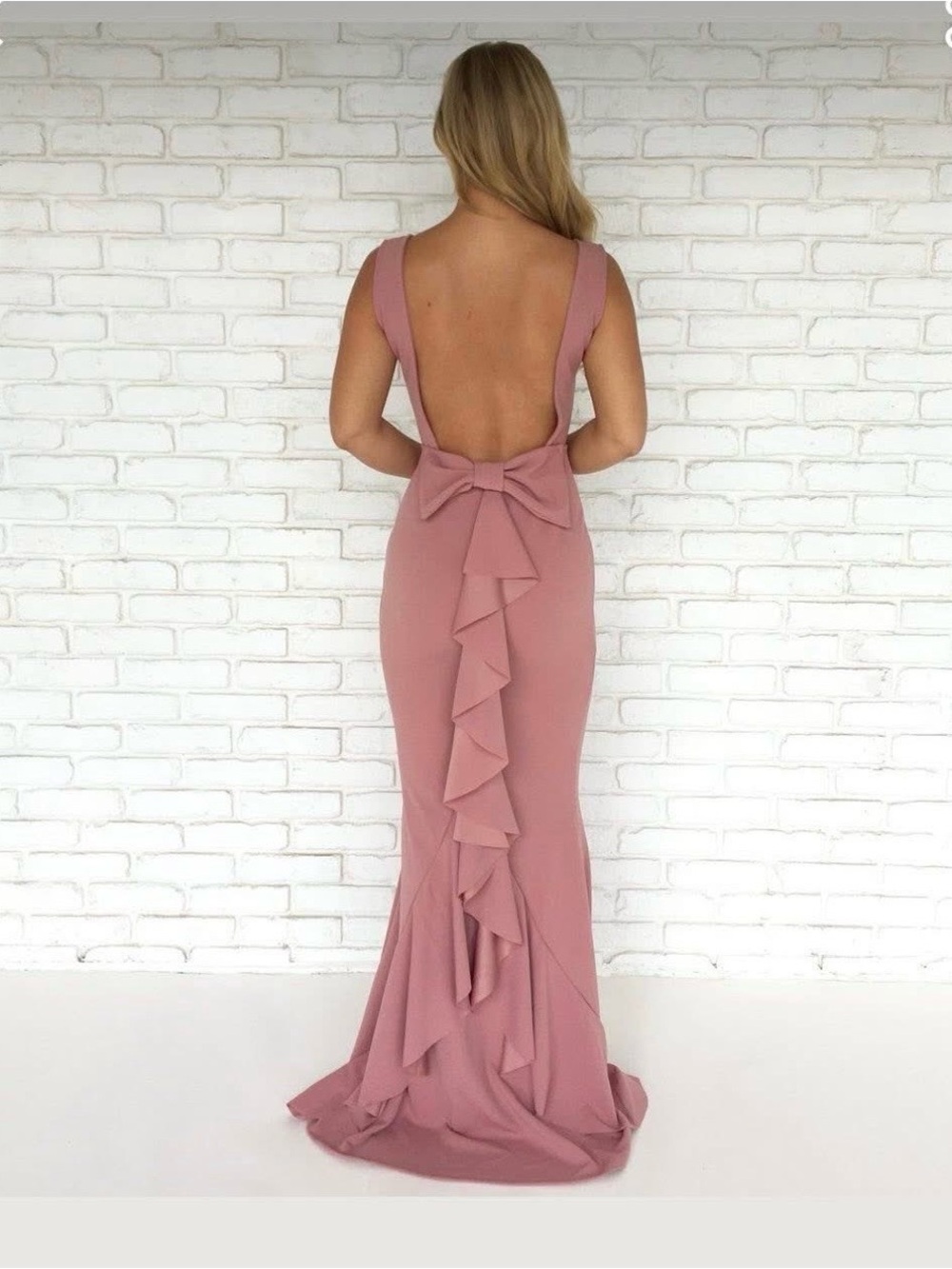 Open-Back Ruffle Bow Evening Gown in Dusty Rose